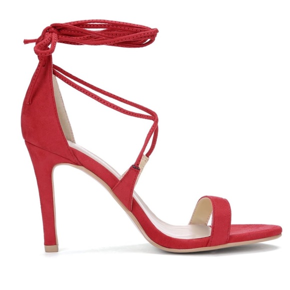 Red Stiletto Open Toe Heels With Strappy Tie Up Laces - Size 7 US - Picture 4 of 13